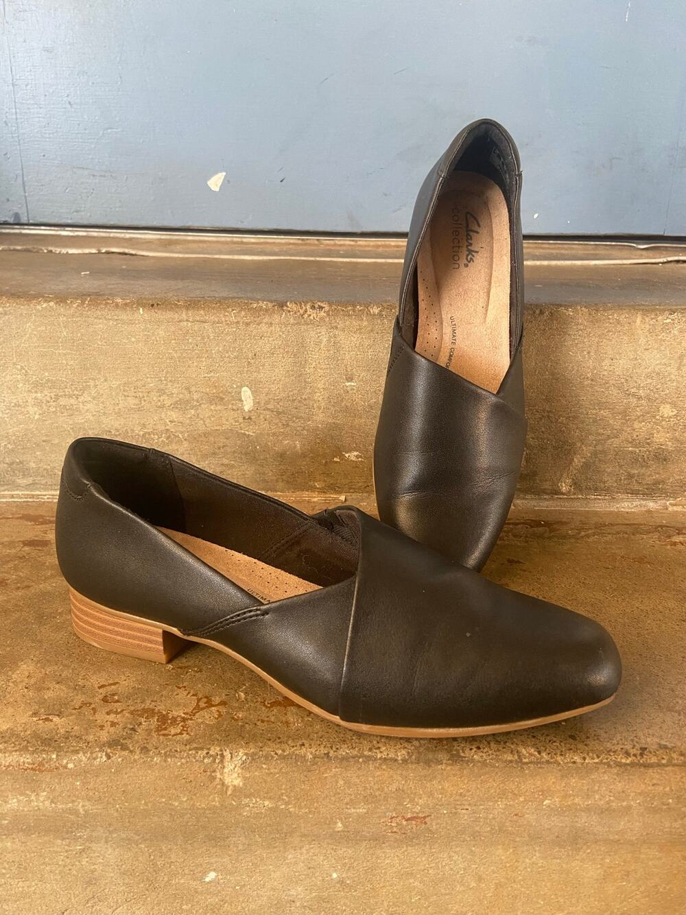 Clarks Juliet Palm black leather round toe low heel slip on loafer